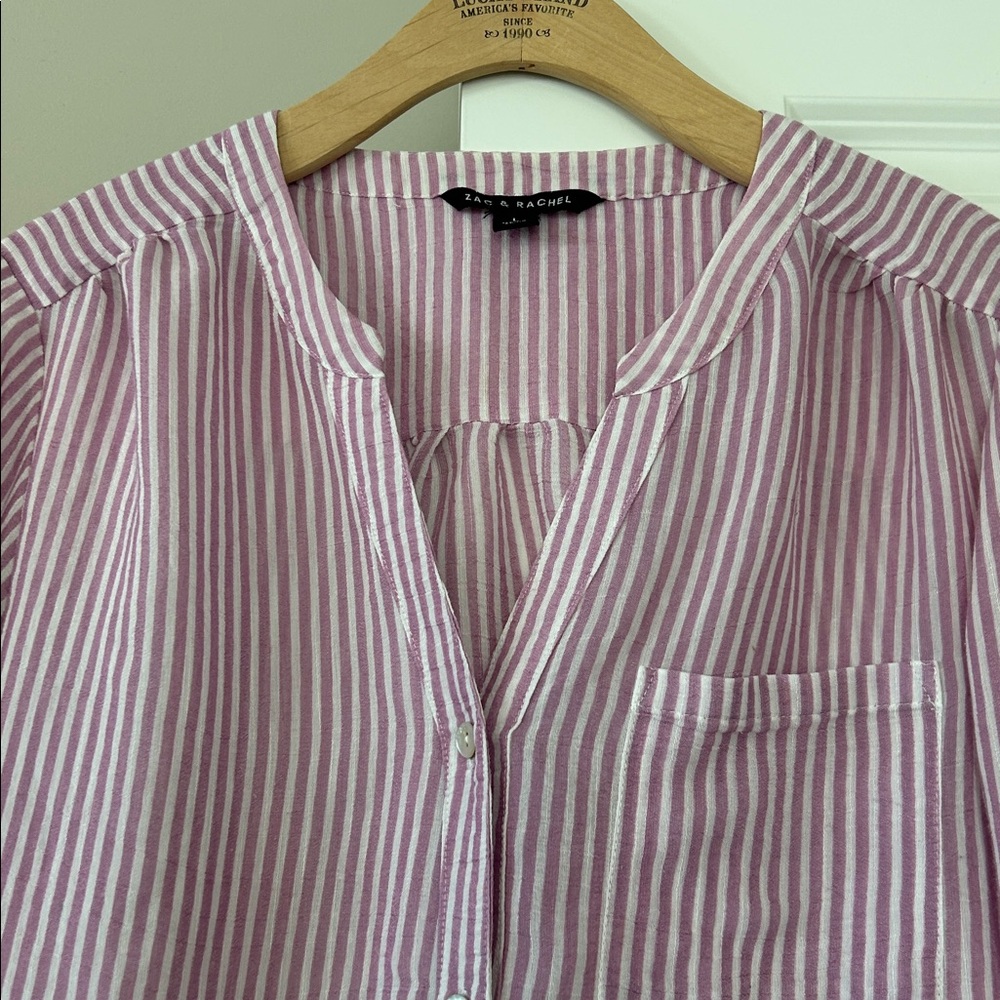 Zac & Rachel Ombre Stripe Purple Blouse Sz L w MEASUREMENTS Roll Tabs in Sleeves - Picture 3 of 11